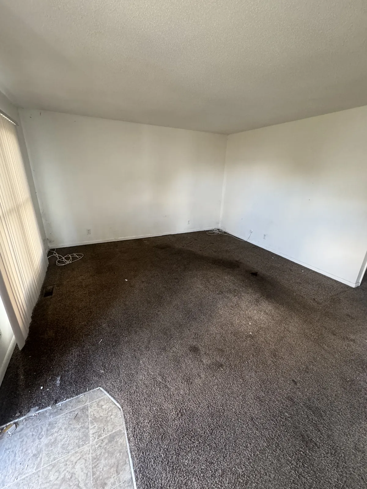 Empty living room with dark stained carpet, vertical blinds and a tile entry patch