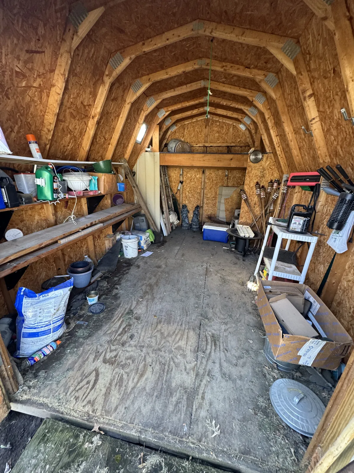 Inside a gambrel-roof wood shed: shelves of pots and jugs, tiki torches, cooler, bag of mix, boxes and yard